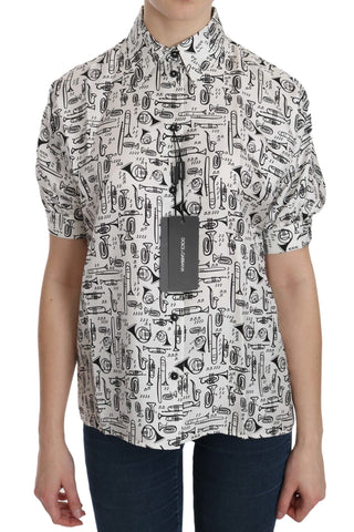 White Musical Instrument Collared Blouse  Shirt Dolce & Gabbana