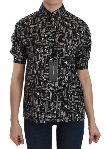 Black Musical Instrument Collared Blouse Shirt Dolce & Gabbana