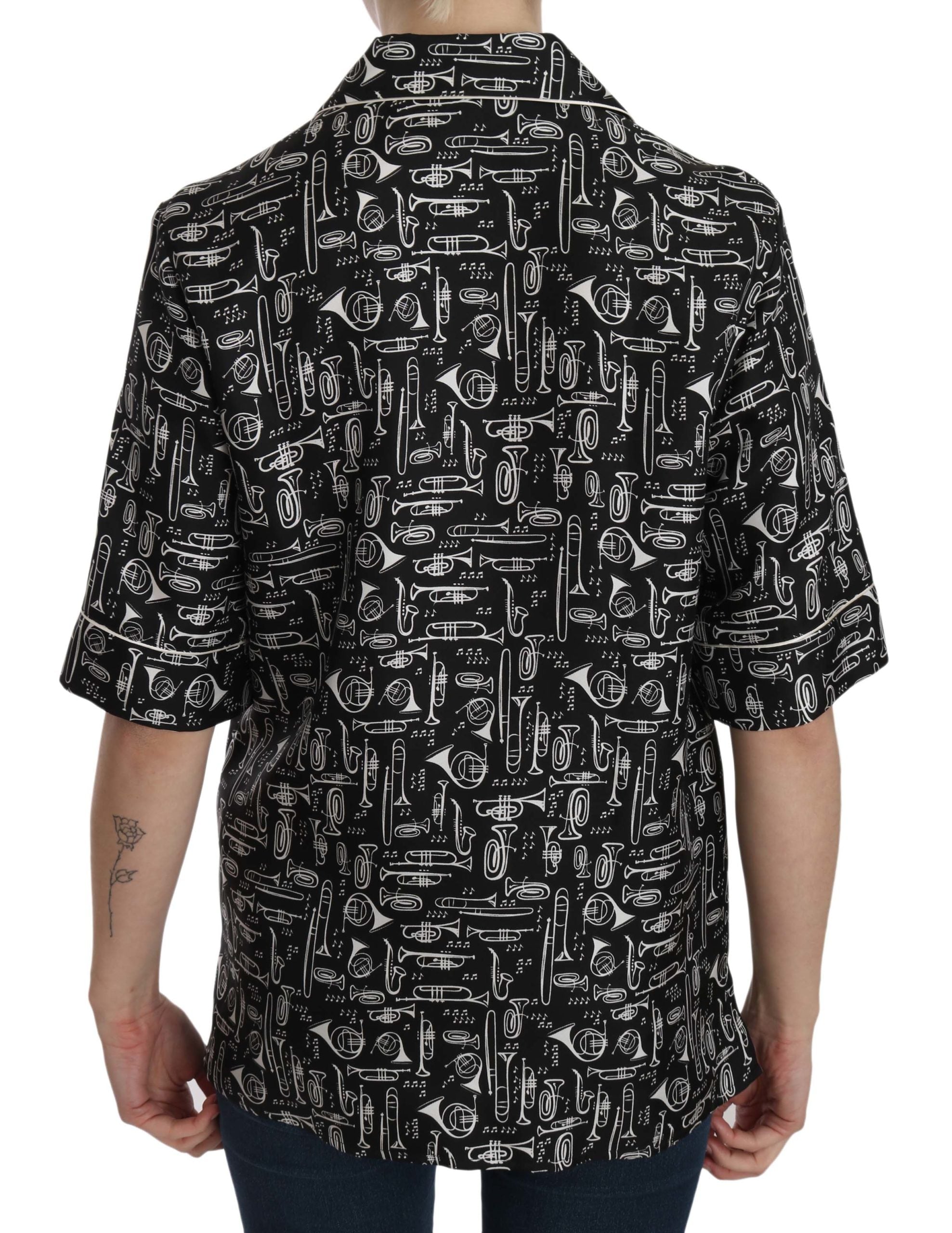 Black Musical Instrument Print Silk  Top Dolce & Gabbana