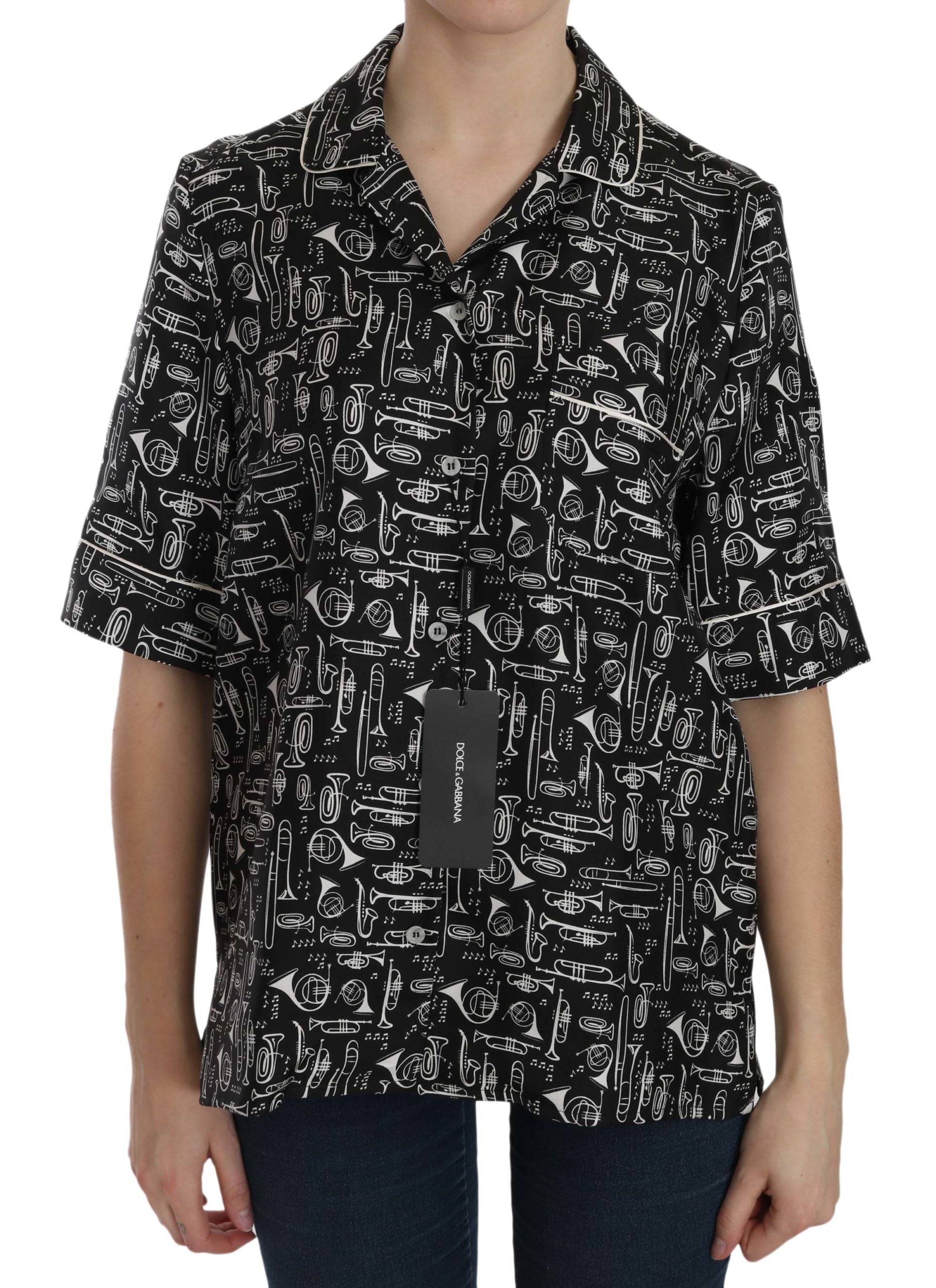 Black Musical Instrument Print Silk  Top Dolce & Gabbana
