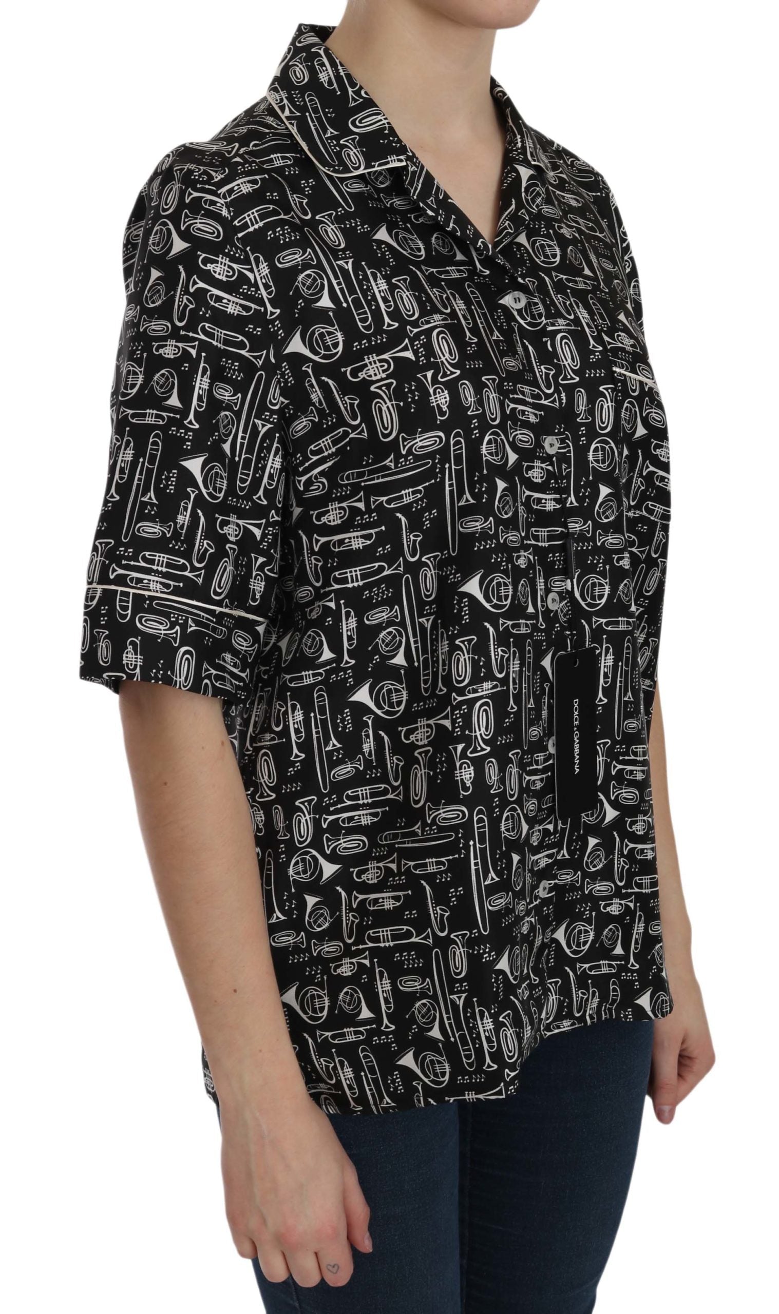 Black Musical Instrument Print Silk  Top Dolce & Gabbana