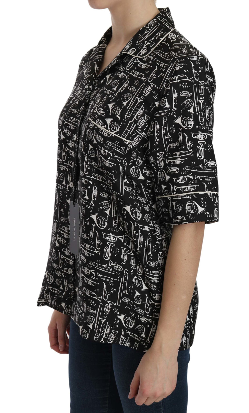 Black Musical Instrument Print Silk  Top Dolce & Gabbana