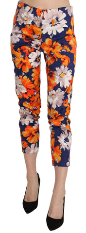 Blue Floral Print Skinny Slim Fit Trousers Pants LANACAPRINA