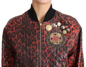 Red Leopard Button Crystal Leather Jacket Dolce & Gabbana