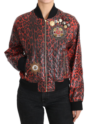 Red Leopard Button Crystal Leather Jacket Dolce & Gabbana