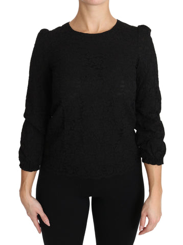 Black Floral Lace Zipper Top Blouse Dolce & Gabbana