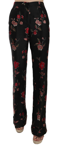 Floral Print Black Boot Cut Trouser Pants Dolce & Gabbana