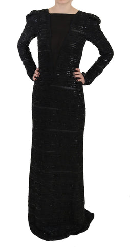 Black Silk Full Length Sequined Gown Dress John Richmond