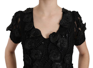 Black Silk Leather Flowers Sheath Dress John Richmond