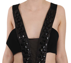 Black Crystal Leather Gown Flare Dress John Richmond