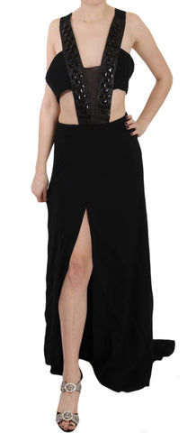 Black Crystal Leather Gown Flare Dress John Richmond