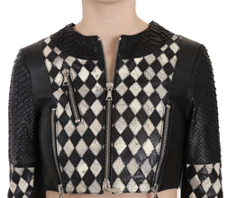 Black White Leather Short Cropped Biker Jacket Coat John Richmond