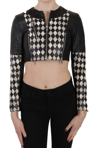 Black White Leather Short Cropped Biker Jacket Coat John Richmond