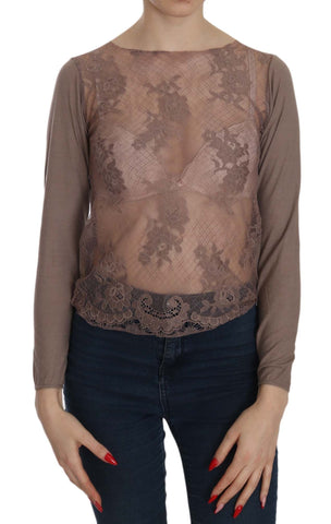 Brown Lace See Through Long Sleeve Top PINK MEMORIES