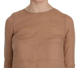 Brown 3/4 Sleeve Crewneck Shift Mini Dress PINK MEMORIES