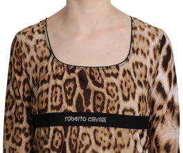Brown Round Neck Leopard Women Top Blouse Roberto Cavalli