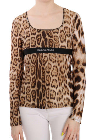 Brown Round Neck Leopard Women Top Blouse Roberto Cavalli