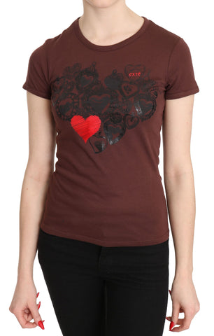 Brown Hearts Printed Round Neck T-shirt Top Exte