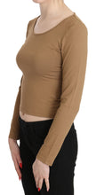 Brown Round Neck Long Sleeve Slim Crop Top Blouse GF Ferre