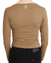 Brown Round Neck Long Sleeve Slim Crop Top Blouse GF Ferre