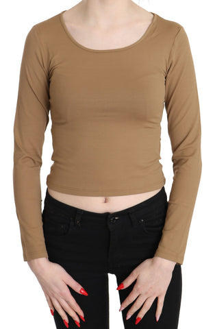 Brown Round Neck Long Sleeve Slim Crop Top Blouse GF Ferre