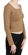 Brown Round Neck Long Sleeve Slim Crop Top Blouse GF Ferre