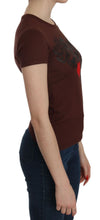 Brown Heart Print Crew Neck T-shirt Short Sleeve Blouse Exte