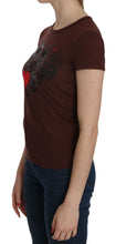 Brown Heart Print Crew Neck T-shirt Short Sleeve Blouse Exte