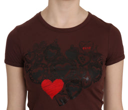 Brown Heart Print Crew Neck T-shirt Short Sleeve Blouse Exte