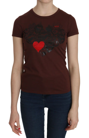 Brown Heart Print Crew Neck T-shirt Short Sleeve Blouse Exte