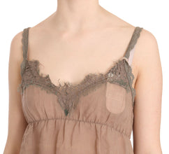 Brown Lace Spaghetti Strap Plunging Top Blouse PINK MEMORIES