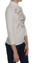 White Printed Turtle Neck 3/4 Sleeve Top Cotton Blouse Exte