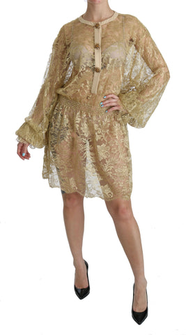 Gold Lace See Through A-Line Knee Length Dress Dolce & Gabbana