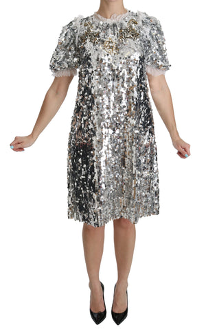 Silver Sequined Crystal Shift Gown Dress Dolce & Gabbana