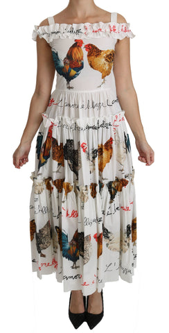 White Rooster Sheath Midi Cotton Dress Dolce & Gabbana