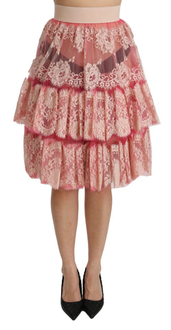 Pink Lace Layered High Waist Knee Length Skirt Dolce & Gabbana