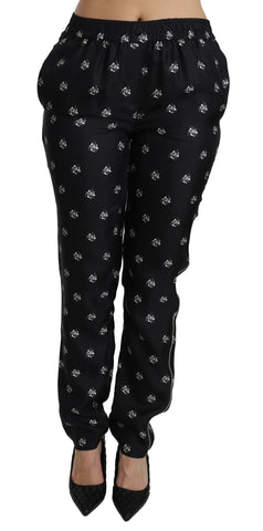 Black Printed Mid Waist Skinny Silk Pants Dolce & Gabbana