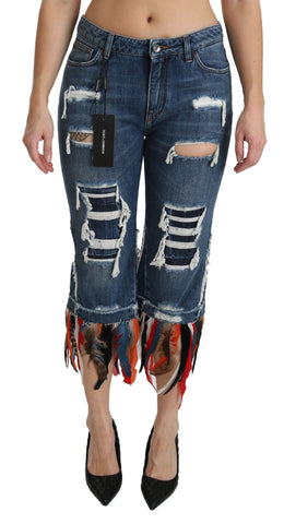 Blue Feathers Low Waist Cropped Cotton Jeans Dolce & Gabbana