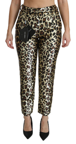 Brown Leopard Sequined High Waist Pants Dolce & Gabbana