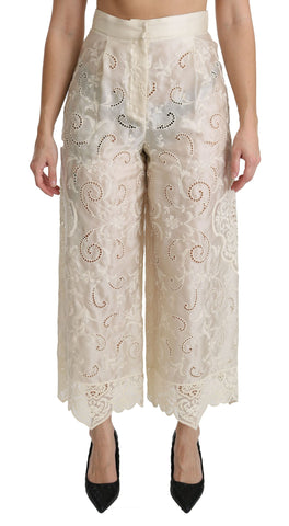 Cream Lace High Waist Palazzo Cropped Pants Dolce & Gabbana