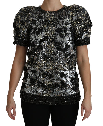 Black Sequined Crystal Embellished Top Blouse Dolce & Gabbana