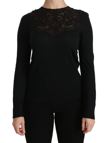 Black Silk Lace Crew Neck Long Sleeve Blouse Dolce & Gabbana