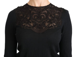 Black Silk Lace Crew Neck Long Sleeve Blouse Dolce & Gabbana