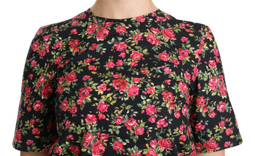 Black Floral Roses Short Sleeve Top Blouse Dolce & Gabbana