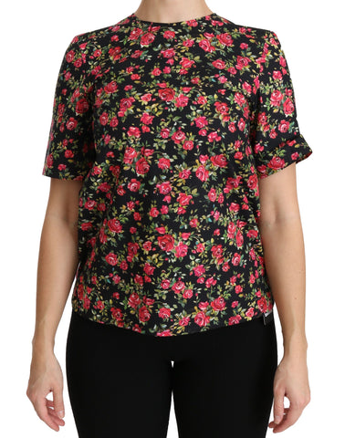 Black Floral Roses Short Sleeve Top Blouse Dolce & Gabbana