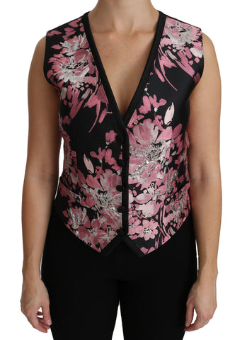 Black Pink Floral Waistcoat Vest Blouse Top Dolce & Gabbana
