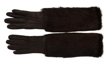 Brown Elbow Length Mittens Leather Fur Gloves Dolce & Gabbana
