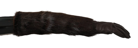Brown Elbow Length Mittens Leather Fur Gloves Dolce & Gabbana