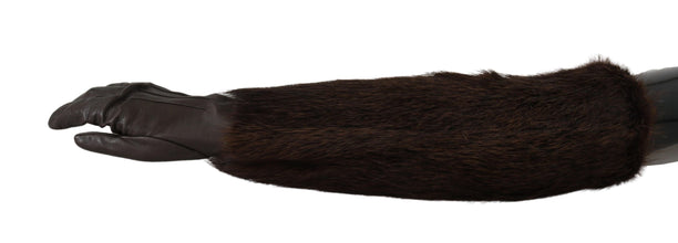 Brown Elbow Length Mittens Leather Fur Gloves Dolce & Gabbana
