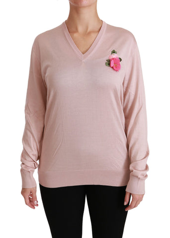 Pink Floral Embellished Pullover Silk Sweater Dolce & Gabbana